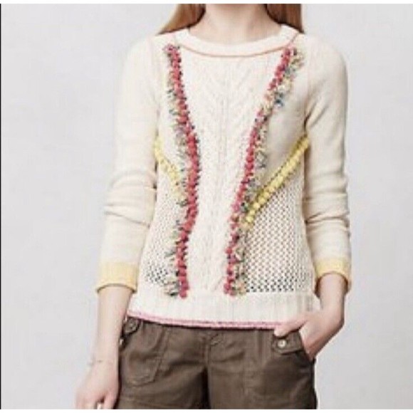 Anthropologie Angel Of The North Pom Pom Crochet Fringe‎ Ivory Sweater Size XL - Picture 1 of 13